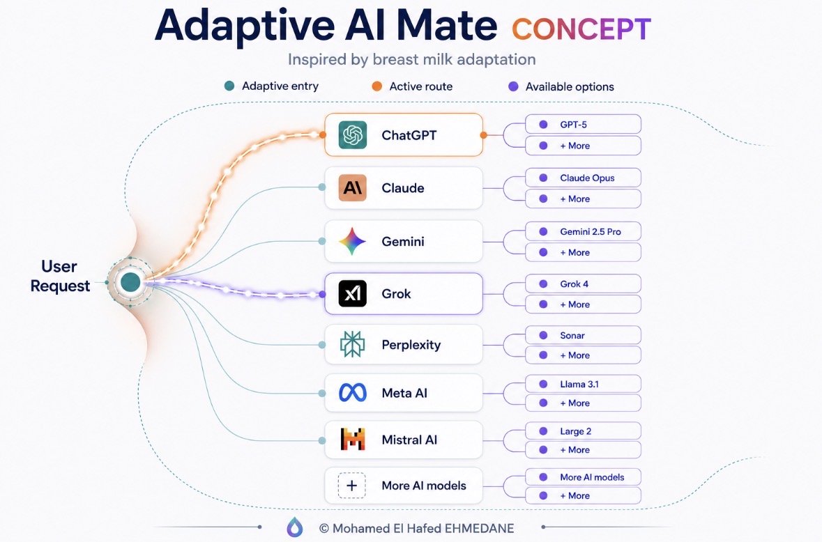 Adaptive AI Mate concept diagram showing user request routed to the best AI tool and model